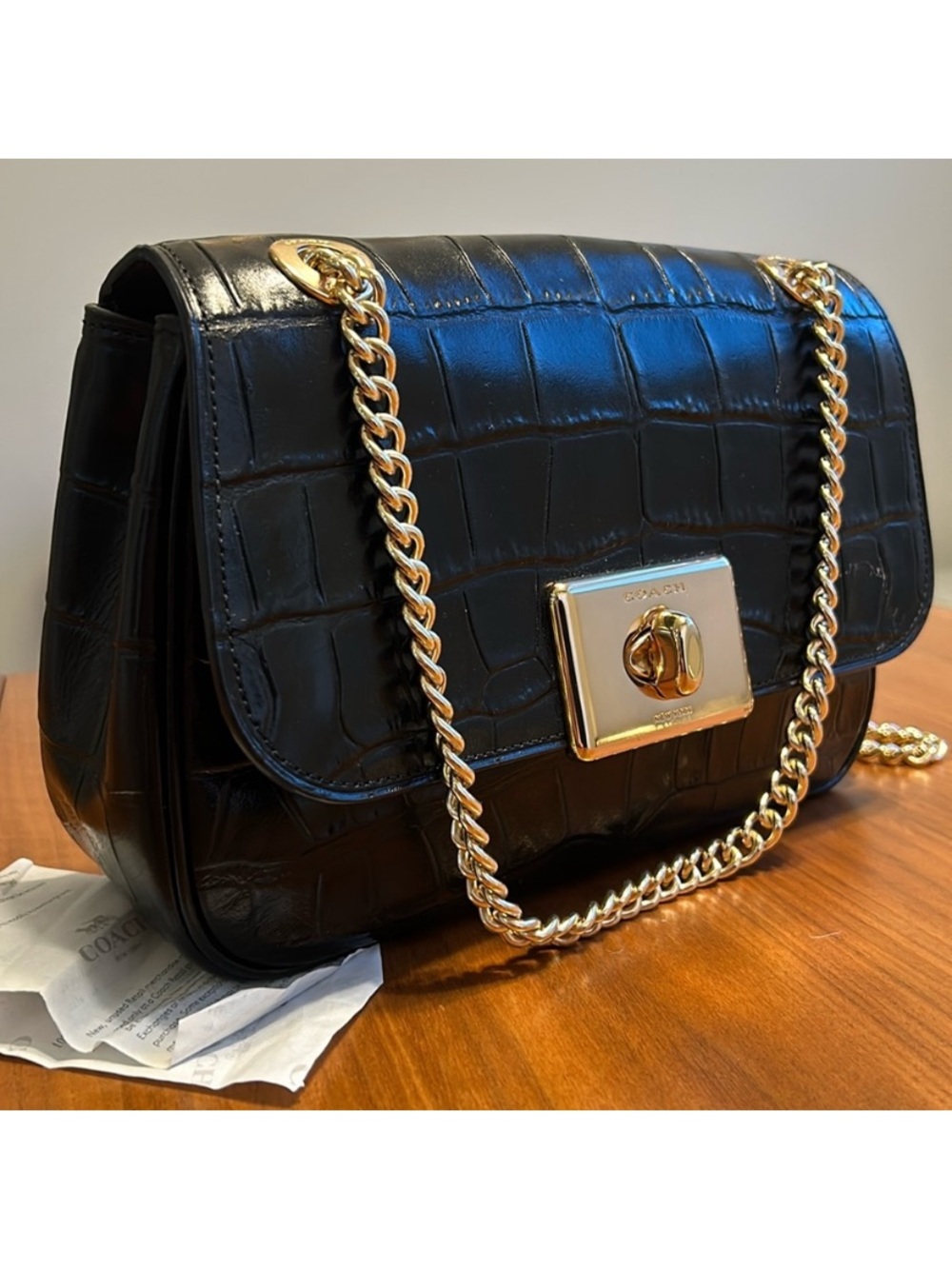 Coach Black Croc-Embossed Leather Turnlock Shoulder Bag with Gold Chain